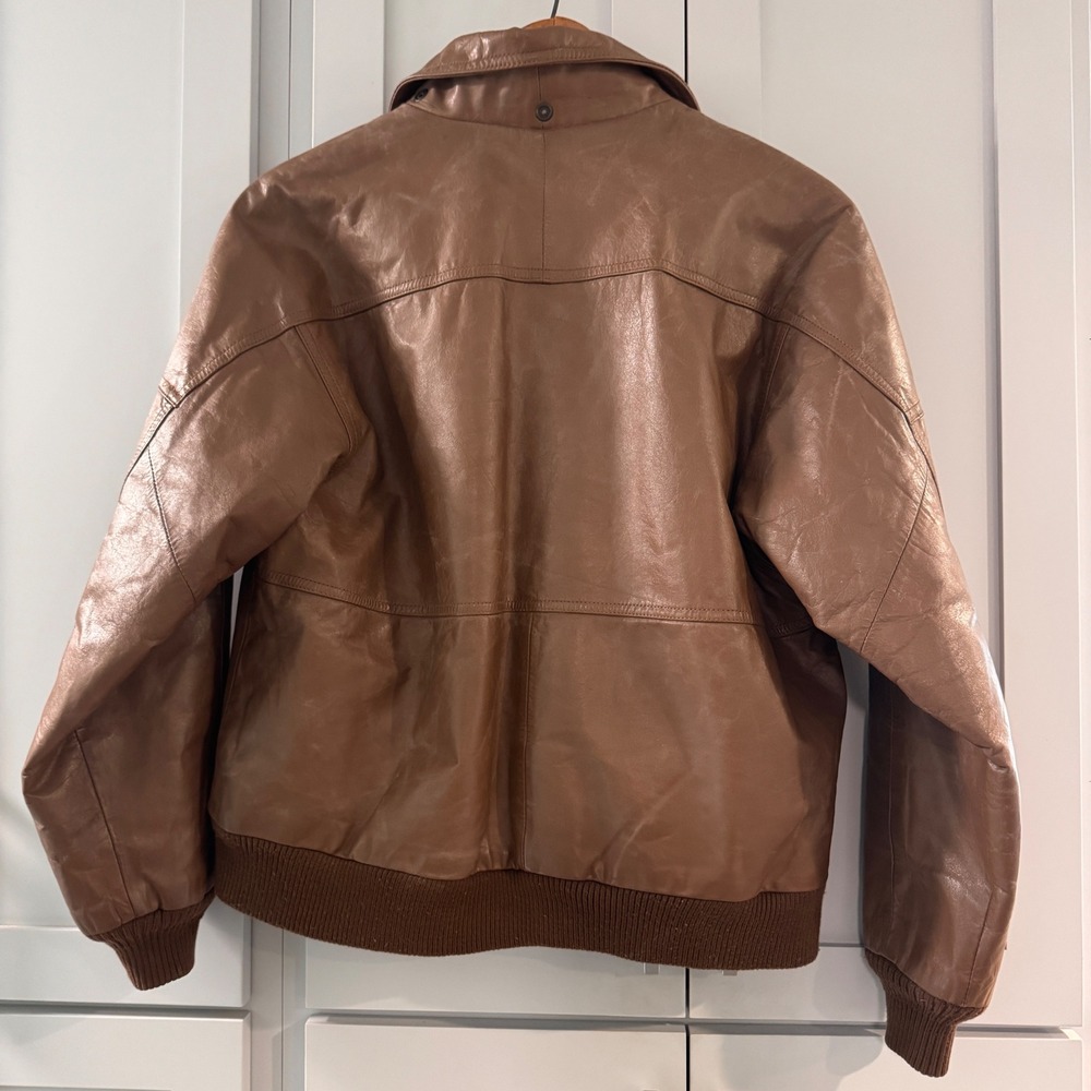 Vintage Clipper Mist Tan Brown Leather Bomber Jacket Mens 40 Reg 80s 90s - Picture 2 of 10